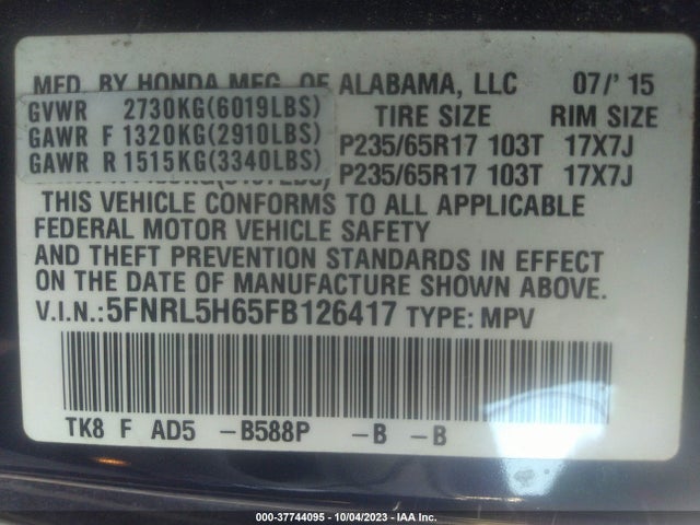Honda Odyssey Ex-l 2015 5FNRL5H65FB126417 Image 9