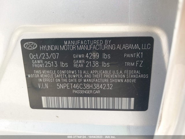 2008 HYUNDAI SONATA 5NPET46C38H384232 Photo 8