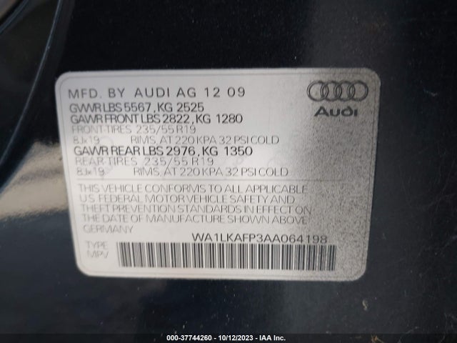 2010 AUDI Q5 PREMIUM PLUS VIN: WA1LKAFP3AA064198