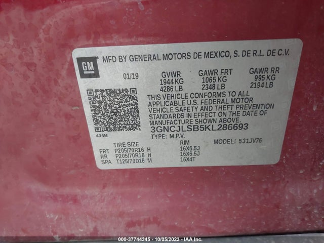 Chevrolet Trax Lt 2019 3GNCJLSB5KL286693 Image 9