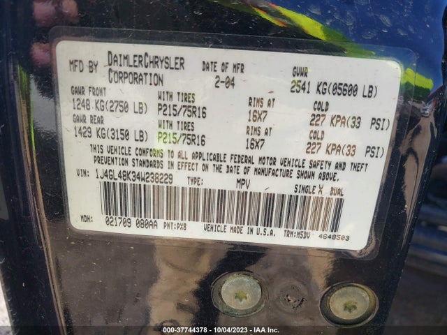 2004 JEEP LIBERTY SPORT VIN: 1J4GL48K34W238229