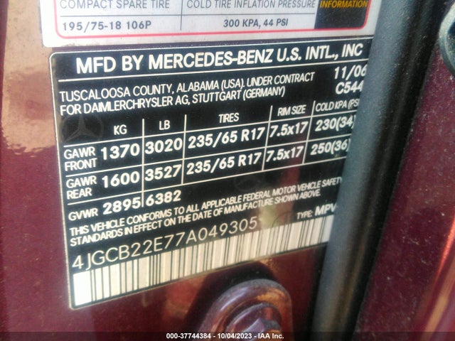 37744384 :رقم المزاد ، 4JGCB22E77A049305 vin ، 2007 Mercedes-benz R-class 3.0l مزاد بيع