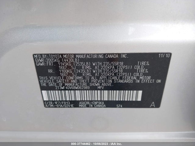 2011 TOYOTA RAV4 SPORT VIN: 2T3WF4DV6BW062989