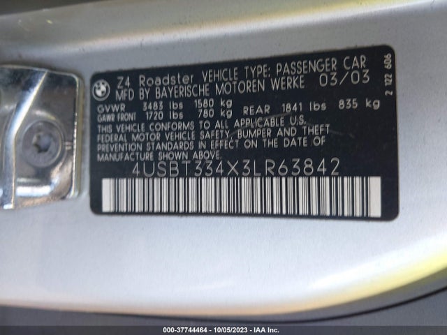 2003 BMW Z4 2.5I VIN: 4USBT334X3LR63842