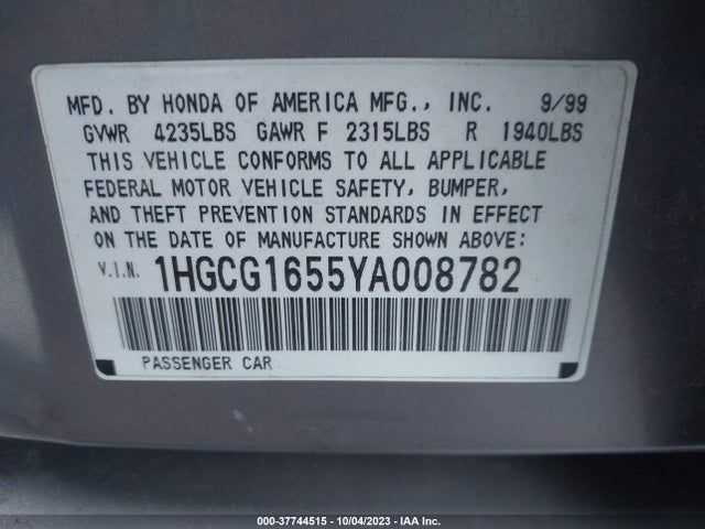 2000 HONDA ACCORD 3.0 EX VIN: 1HGCG1655YA008782