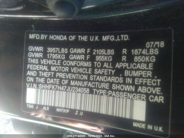 SHHFK7H47JU234058 Honda Civic Hatchback Sport