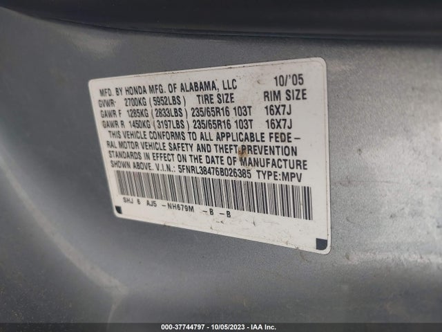 2006 HONDA ODYSSEY EX VIN: 5FNRL38476B026385