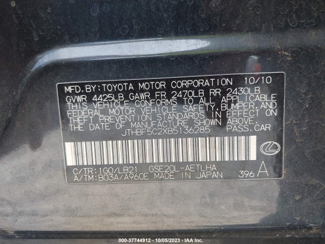 2011 LEXUS IS 250 VIN: JTHBF5C2XB5136285