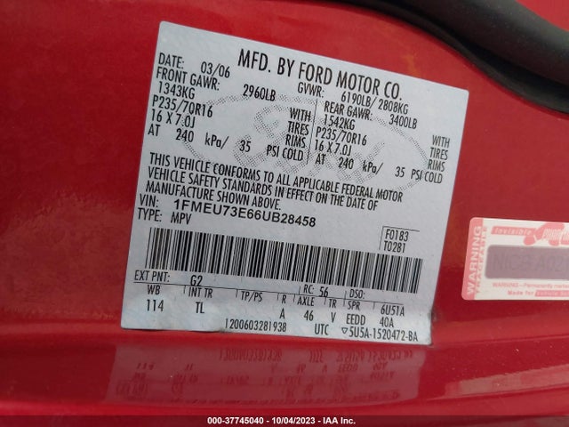 2006 FORD EXPLORER XLT VIN: 1FMEU73E66UB28458