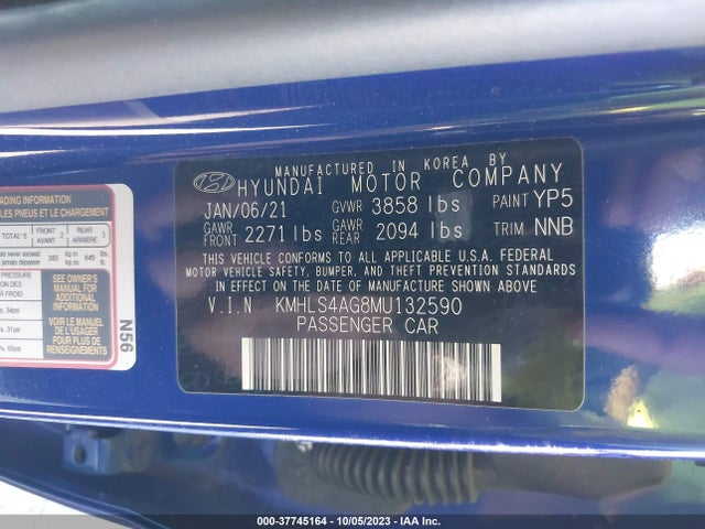 2021 HYUNDAI ELANTRA SEL VIN: KMHLS4AG8MU132590