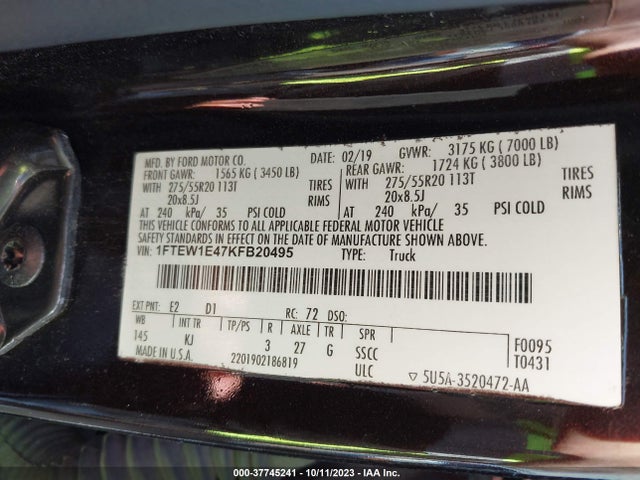 2019 FORD F-150 XL/XLT/LARIAT VIN: 1FTEW1E47KFB20495