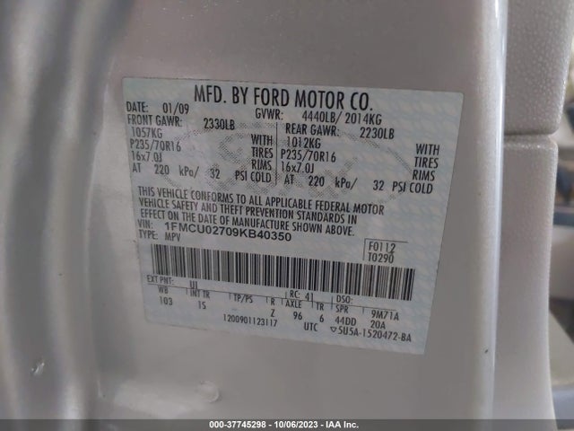 2009 FORD ESCAPE XLS VIN: 1FMCU02709KB40350