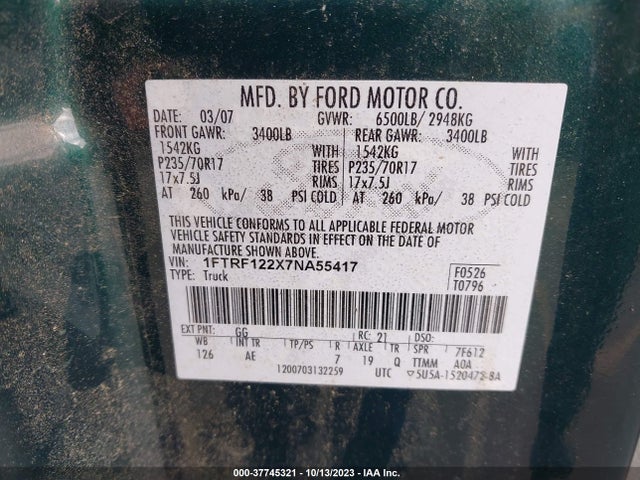 2007 FORD F-150 XLT/STX/XL VIN: 1FTRF122X7NA55417