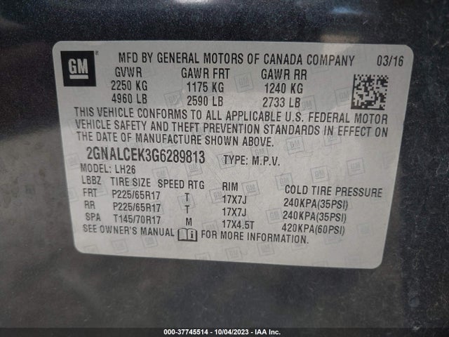 Chevrolet EQUINOX LT 2016 2GNALCEK3G6289813 Image 9
