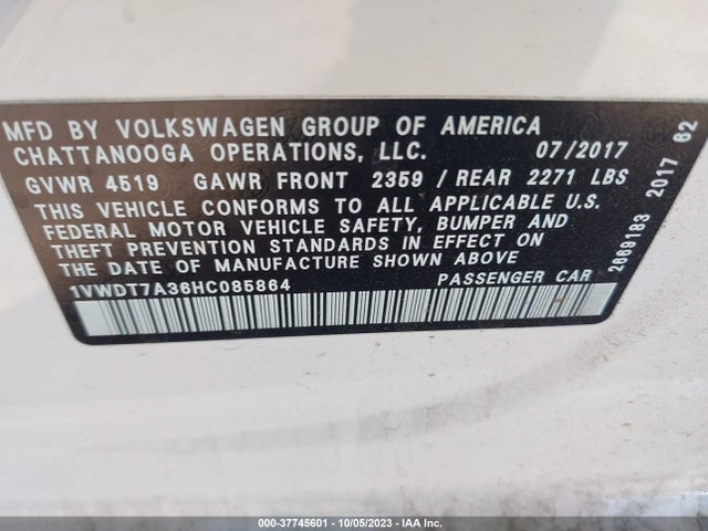 1VWDT7A36HC085864 Volkswagen Passat R-line W/comfort Pkg