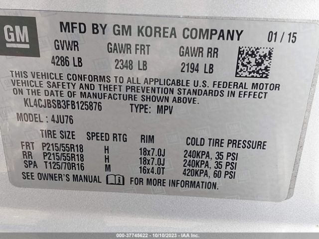 KL4CJBSB3FB125876 Buick Encore Convenience