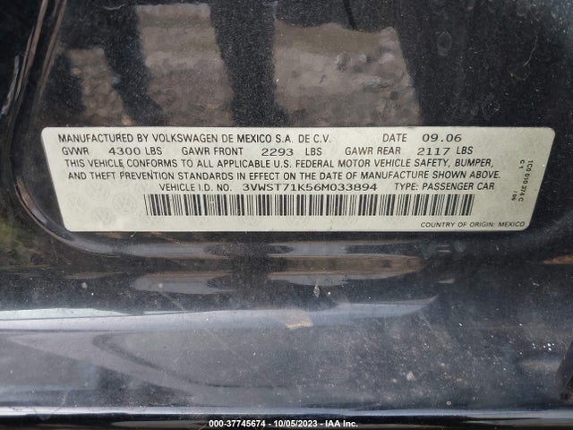 2006 VOLKSWAGEN JETTA SEDAN 1.9L TDI VIN: 3VWST71K56M033894