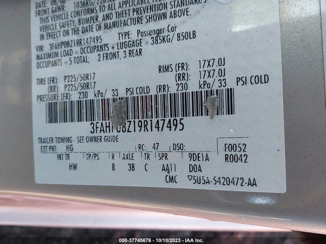 2009 FORD FUSION SEL VIN: 3FAHP08Z19R147495