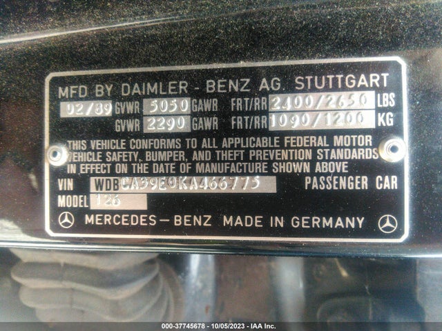 1989 MERCEDES-BENZ 560 SEL VIN: WDBCA39E0KA466775