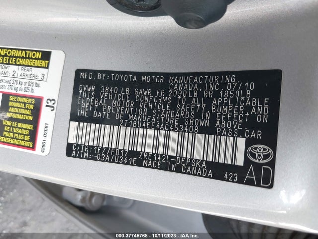 2010 TOYOTA COROLLA VIN: 2T1BU4EE4AC453408