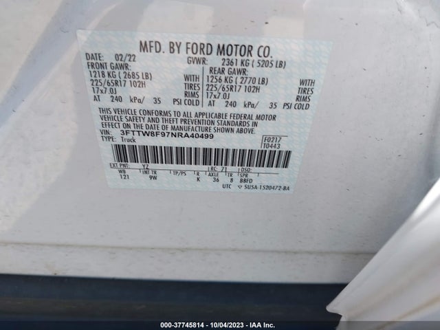 2022 FORD MAVERICK XL/XLT/LARIAT VIN: 3FTTW8F97NRA40499