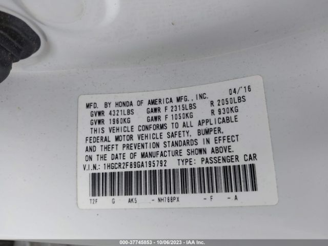 1HGCR2F89GA195792 Honda Accord Sedan Ex-l