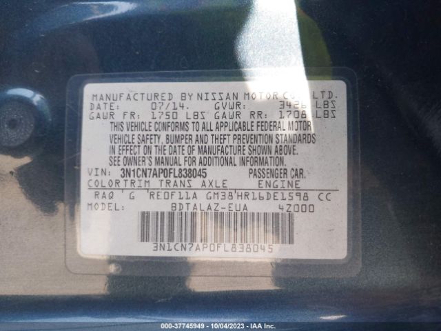 3N1CN7AP0FL838045 Nissan Versa S Plus