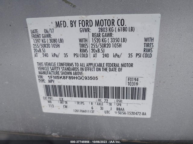 2017 FORD EXPLORER LIMITED VIN: 1FM5K8F89HGC93505