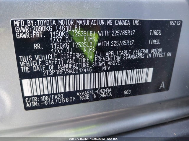 2019 TOYOTA RAV4 XLE VIN: 2T3P1RFV9KC017446