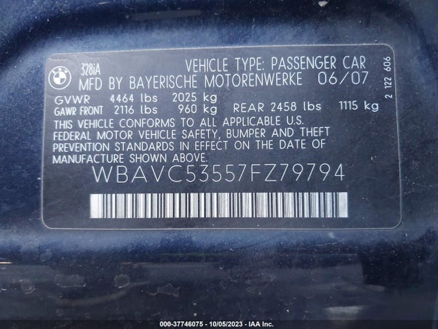 2007 BMW 3 SERIES 328I VIN: WBAVC53557FZ79794