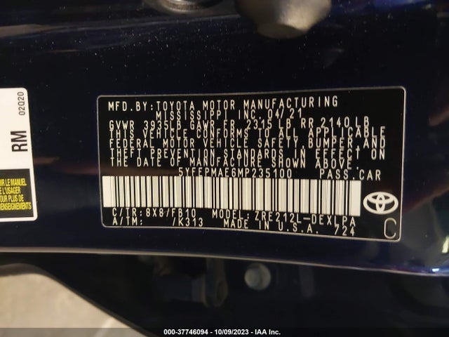 2021 TOYOTA COROLLA LE VIN: 5YFEPMAE6MP235100