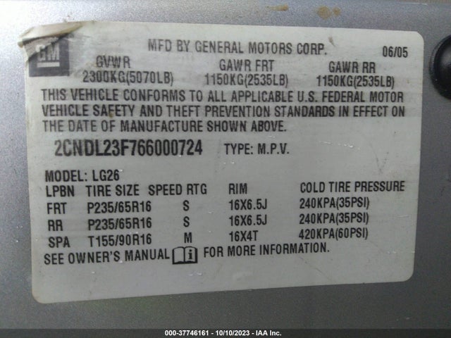 2006 CHEVROLET EQUINOX LS VIN: 2CNDL23F766000724