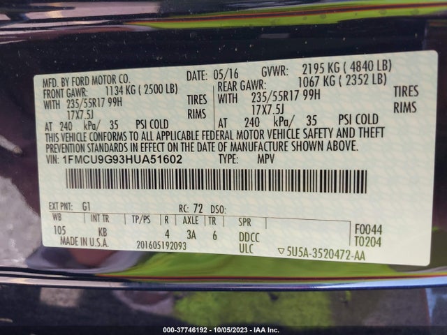 Ford ESCAPE SE 2017 1FMCU9G93HUA51602 Image 9