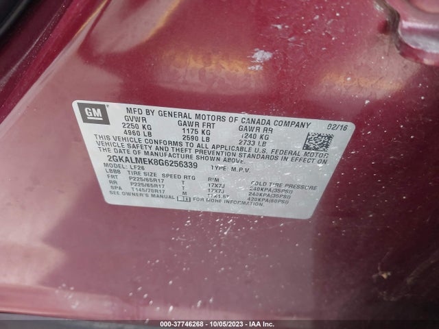 GMC Terrain Sle-1 2016 2GKALMEK8G6256339 Image 9