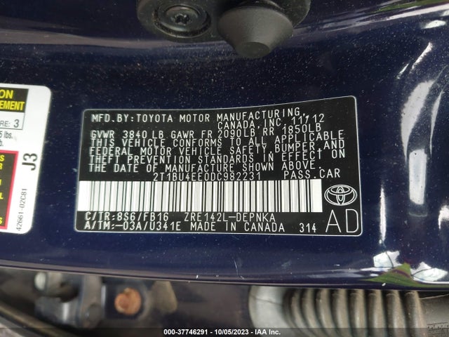 2013 TOYOTA COROLLA LE VIN: 2T1BU4EE0DC982231