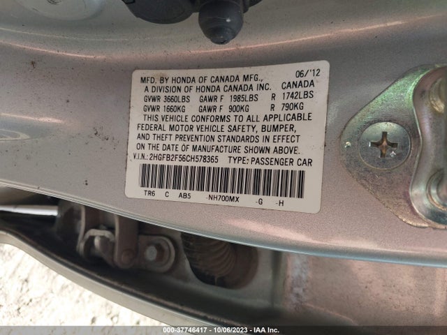 2012 HONDA CIVIC SDN LX VIN: 2HGFB2F56CH578365