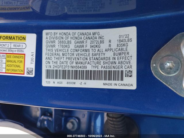 2HGFE2F51NH564089 Honda Civic Sedan Sport