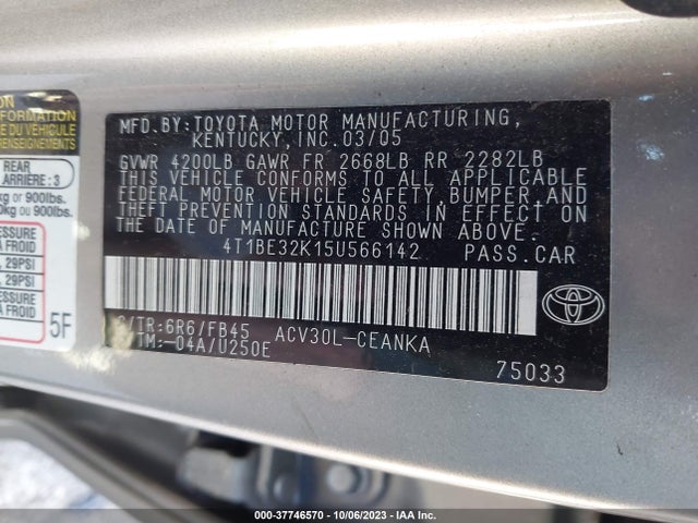 2005 TOYOTA CAMRY STD/LE/SE/XLE VIN: 4T1BE32K15U566142