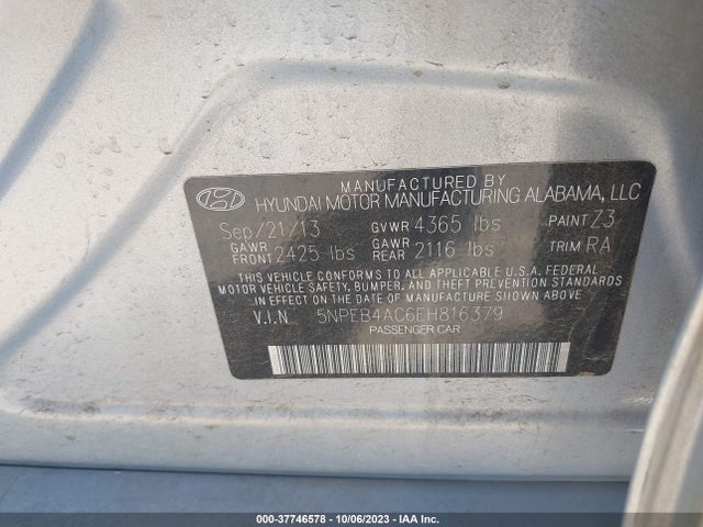 2014 HYUNDAI SONATA GLS VIN: 5NPEB4AC6EH816379