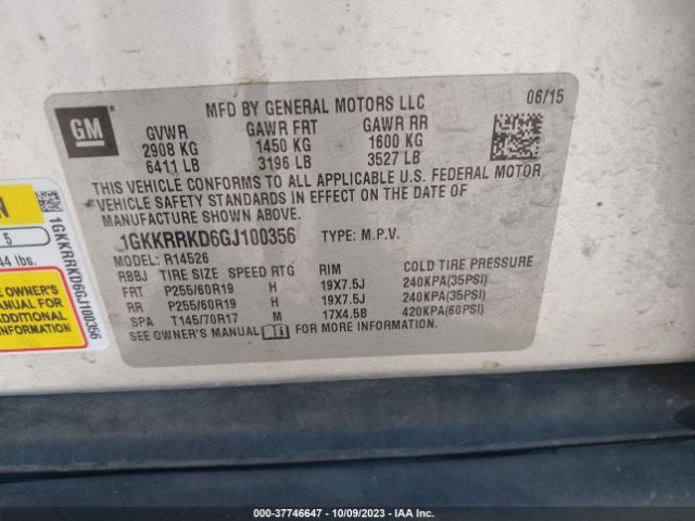 1GKKRRKD6GJ100356 GMC ACADIA SLT