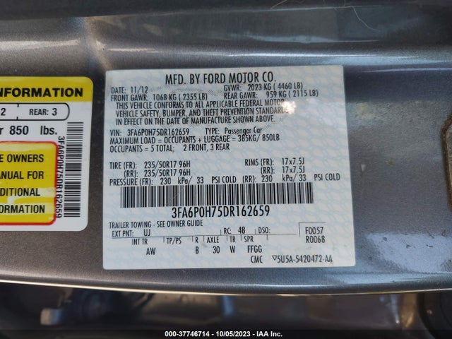 2013 FORD FUSION SE VIN: 3FA6P0H75DR162659