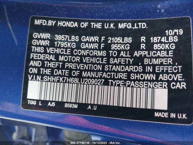 Honda CIVIC EX 2020 SHHFK7H68LU209027 Image 9