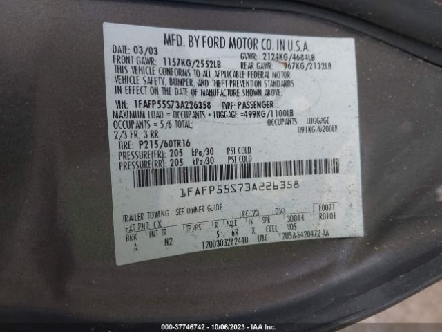 2003 FORD TAURUS 1FAFP55S73A226358 Photo 8