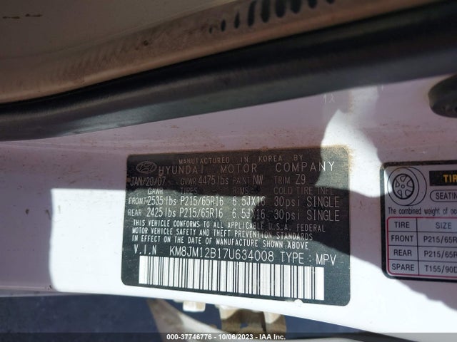 2007 HYUNDAI TUCSON GLS VIN: KM8JM12B17U634008