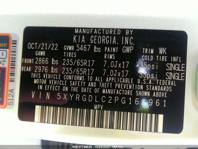 2023 KIA SORENTO LX VIN: 5XYRGDLC2PG162961