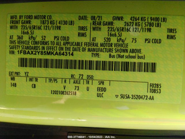 1FBAX2Y85MKA64314 Ford Transit Passenger Wagon Xl/xlt