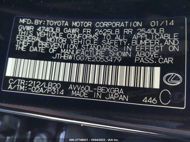 JTHBW1GG7E2053479 Lexus Es 300h Hybrid