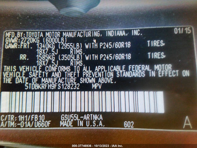 Toyota Highlander Le 2015 5TDBKRFH9FS128232 Image 9