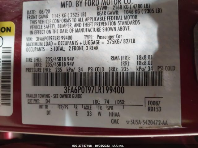 3FA6P0T97LR199400 Ford FUSION SE