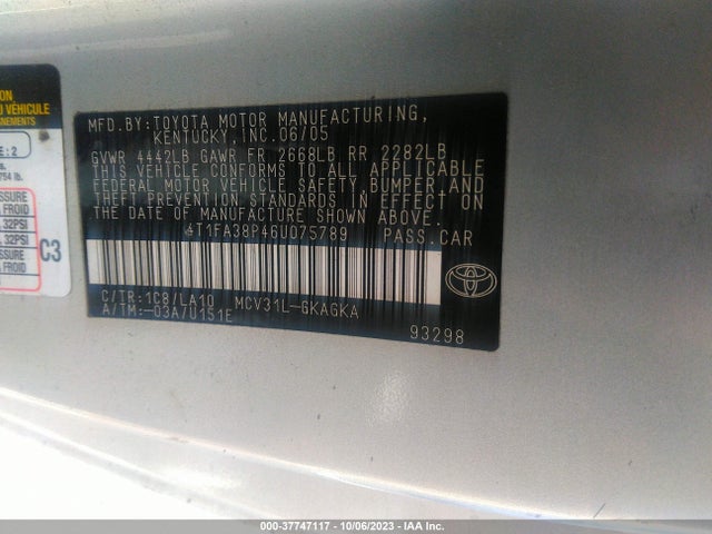 2006 TOYOTA CAMRY SOLARA V6 VIN: 4T1FA38P46U075789